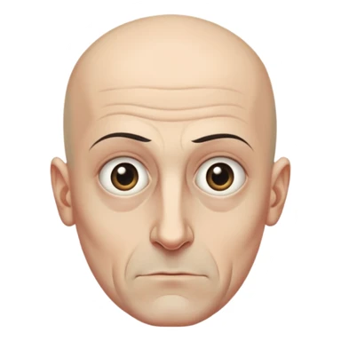 Steven Miller, bald, very grim expression, very narrow rectangular head, pronounced sagging eyelids lower on the outer sides, bottom lip sticking out sticker