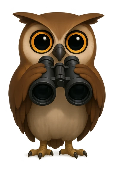 Сова держит в крыльях бинокль и смотрит в него прямо на зрителя, прозрачный фон sticker