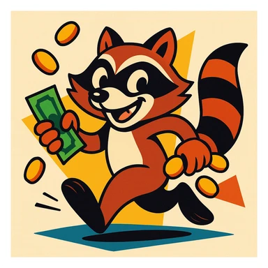 a mischievous animal running away holding coins and bills sticker