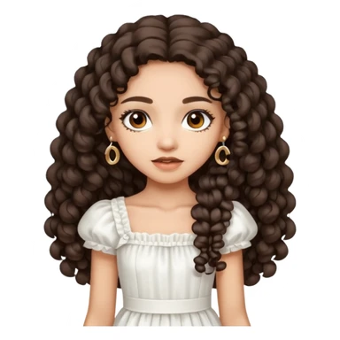 Light skin girl with dark brown very long curly hair, dark brown eyes, white Chanel dress  sticker