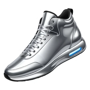 A pair of futuristic sneakers emoji made of silver chrome, sleek streetwear design, smooth metallic panels, subtle reflections, luxury swag aesthetic, iOS emoji style, centered, clean white background sticker