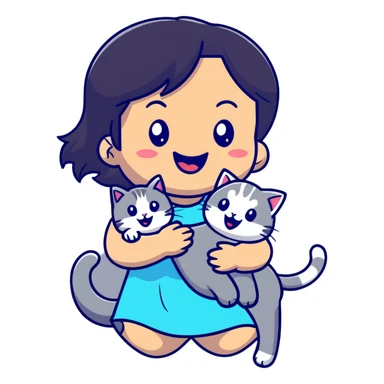 asian girl laughing, holding a grey cat, birthday party sticker