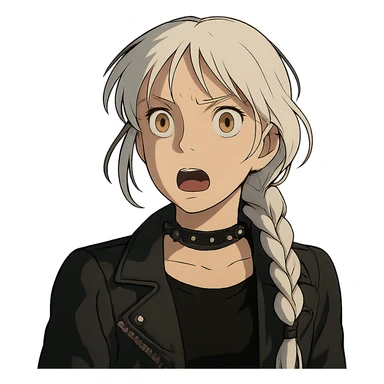 shocked young female with gold yellow eyes, white hair in a long braid, punk gothic style, more dramatic lighting sticker