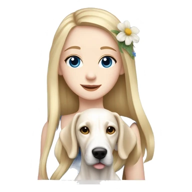 pale skin girl with blue eyes with long blonde hair that has a flower in her hair  holding a English pointer mixed with a lab dog breed the dog also has a flower in its hair sticker