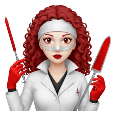 


Scary woman scalpel in hand, evil surgeon sexy surgeon clothes.  She has redcolored  eyes. Her  hair only is free ne brown long curly hair. Wears sexy doctor outfit with red gloves. make her wear full ski mask yo mask and nose mask  to hide. Wears white surgeon coat, wears  stilettos sticker