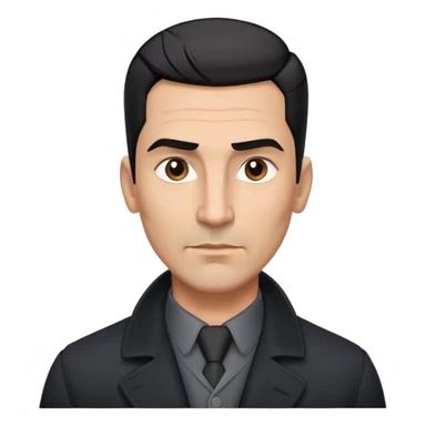 Athletic Hispanic man in his 40s-50s with light brown skin, short straight black hair slicked back with fade on sides, square face with strong jawline, thick eyebrows, wide nose, wearing black overcoat with gray buttoned shirt underneath sticker