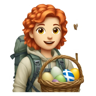 Female winter mountaineer red hair white skin climbing with Greek Flag and Easter eggs basket sticker