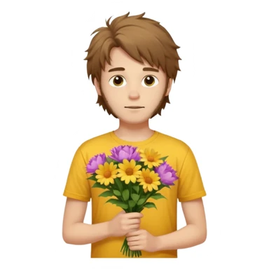generate an ios genmoji of a 20 year old fair boy with brown long and messy hair with light beard on cheeks. carrying a flower bouquet, wearing a yellow tshirt, looking shy.  sticker