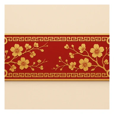eastern style plaque for post signature, very wide and low long horizontal rectangle, only red and gold colors, decorated with peach blossoms, feng shui vibe, ornate border, no text, 900x180px sticker
