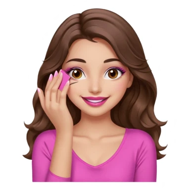 girl with long wavy brown hair, brown eyes, long lashes makeup, sexy pink lips, light to medium complexion, wearing a pink sexy top, smiling, hands covering over the eyes sticker