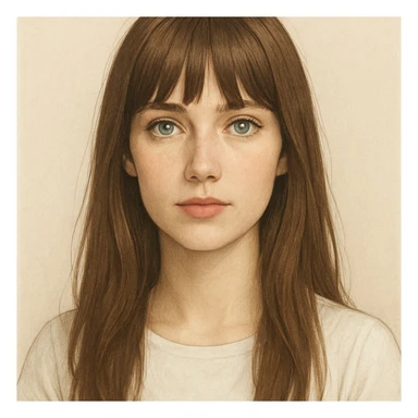 portrait of a white woman with long straight brown hair and bangs, blue-grey eyes, wearing a white top, neutral background, illustration sticker