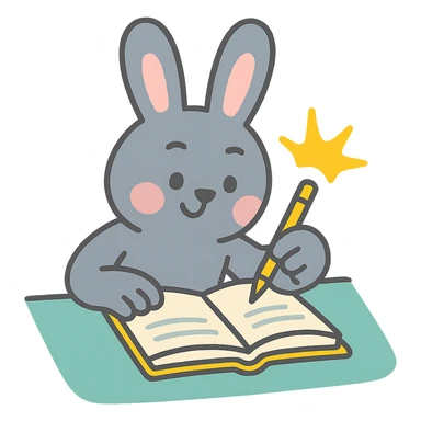 gray bunny writing in notebook with spark of light, pastel-toon style sticker