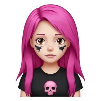 Girl with dark pink long hair wearing a black tshirt  with pink skull print sticker