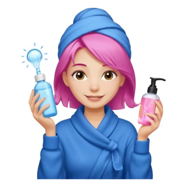 A girl grabbing a pink hair serum with a white shower towel in her hair with skincare on her face dressed in a blue sweater sticker