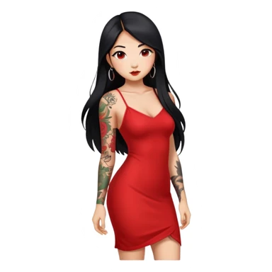 Beautiful Asian girl with long black hair and body tattoos wearing a red dress sticker