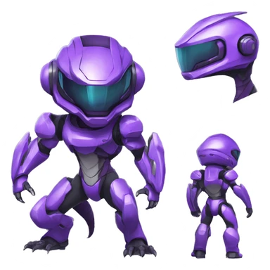 A purple Reptile-Raptor-Genesect-Mewtwo-Fakémon, with a futuristic visor-helmet, wearing a techwear-suit, Full Body sticker