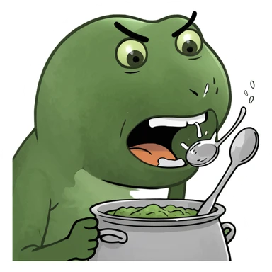 playful brainrot style emoji of a person banging a pot with a spoon, shouting 'tung tung tung sahur', exaggerated silly facial expression, energetic chaotic vibe sticker