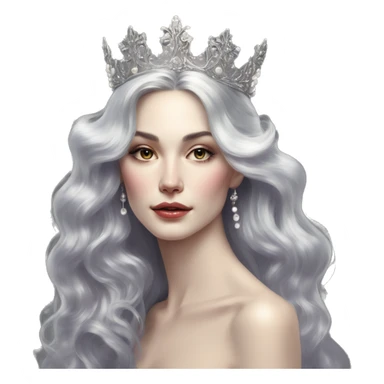 Regal pretty slender woman photograph defined cheekbones high cheekbones crown vintage with very long iridescent black and silver hair wavy long hair pearl crown iridescent sticker