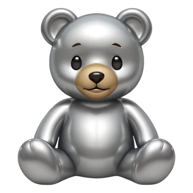 A cute teddy bear emoji made of liquid silver chrome, smooth rounded body, glossy metallic surface, soft reflections, friendly proportions, iOS emoji style, centered, clean white background sticker