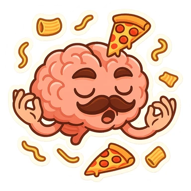 brain with mustache and expressive hands passionately gesturing as if speaking Italian with floating pasta and pizza slices around, vibrant meme-inspired style sticker
