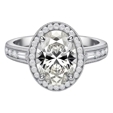 platinum oval diamond engagement ring with white diamond halo and white diamond band sticker