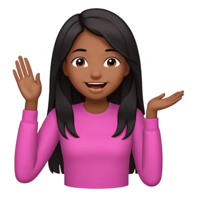 Chocolate brown girl wearing a pink shirt with long straight jet black hair giggling, she has one hand behind her back and one over her mouth  sticker