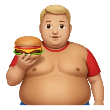 A very fat guy in an Alex Zero T-shirt, holding burgers, gives a like. sticker