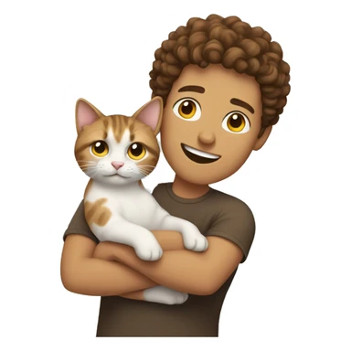 Guy with short brown curly hair holding a cat sticker