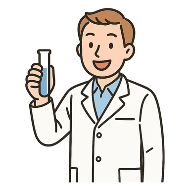 scientist in a lab coat holding a test tube cheerful expression simple background sticker