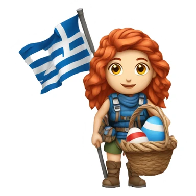 Greek Female winter mountaineer red hair white skin climbing with Greek Flag and Easter eggs basket sticker