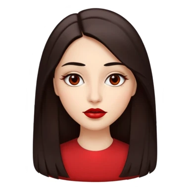 A woman emoji with fair skin, long straight dark brown hair parted in the middle, an oval-shaped face, arched dark eyebrows, almond-shaped brown eyes, a small nose, and full lips colored with deep red lipstick. sticker