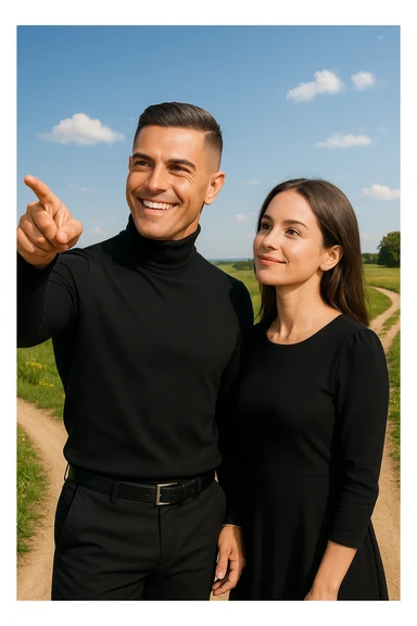 a man stands confidently at a crossroads, pointing toward a clear path ahead. Beside him, a woman looks at him con fiducia e serenità, pronta a seguirlo. Entrambi sono ben vestiti e sorridenti, immersi in un paesaggio luminoso che simboleggia nuove opportunità e un viaggio condiviso. sticker