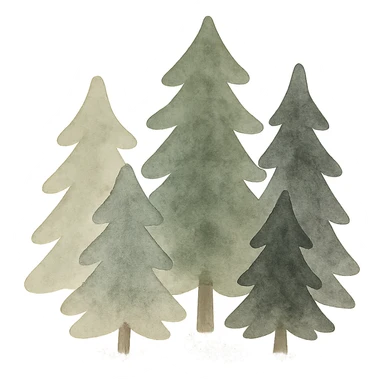 group of simple evergreen trees in folk art style, dark neutral forest color tones, watercolor texture with outlines, suitable for favicon sticker