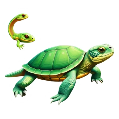 Close-up collage of a turtle, snake, and chameleon in a natural environment, with vibrant greenery and soft sunlight filtering through. Each reptile is shown in intricate detail, highlighting their unique textures and colors, set against a lush, serene background. sticker