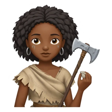 ancient black girl, tattered leaf cloth, hold broken stone ax sticker
