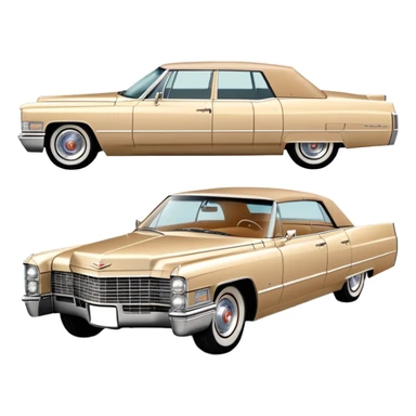 Iconic beige 1966 Cadillac DeVille with distinct front grille and headlights, precise three-quarter view at 30 degrees, authentic vintage luxury proportions, as seen in Once Upon a Hollywood, iOS emoji style sticker