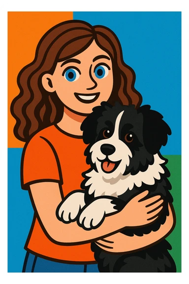 friendly modern illustration of a Baltic white girl with brunette wavy hair and blue eyes, holding her black and white fluffy dog sticker