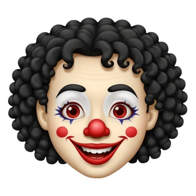 generate clown emoji with a big curly black hair 

wide black smile, long and pointy white nose sticker