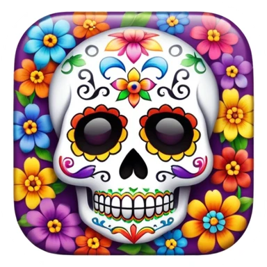 Beveled square shaped button with day of the dead sugar skull and rainbow colored flowers in the center sticker