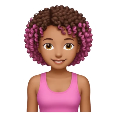 Uma menina com o cabelo cacheado curto é morena, e com uma regata rosa sticker