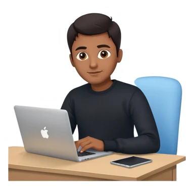 memoji of a man with a laptop, apple-style, modern, dark hair, black sweater, Indian brown skin, holding a computer, sitting at a desk, light blue gradient background sticker