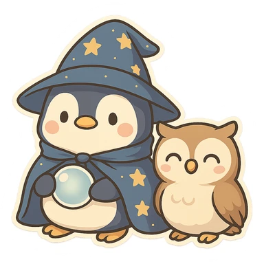 Add a cute pet owl next to the penguin wizard, keeping the whimsical chibi sticker style, with no background. sticker
