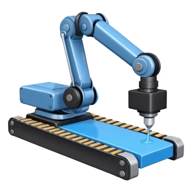 robot arm which is picking blue block on conveyor belt sticker