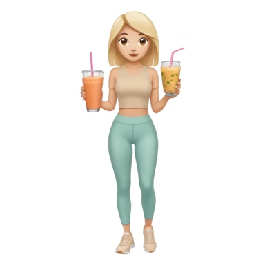 a young woman full length in a beige top and leggings and white sneakers with a passion fruit smoothie in one hand and a salmon poke bowl in the other hand sticker