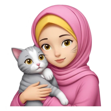 girl wear a pink hijab, the skin is yellow complexion, and hug a cat that has a gray shaped like a gordyn in face and white fur sticker