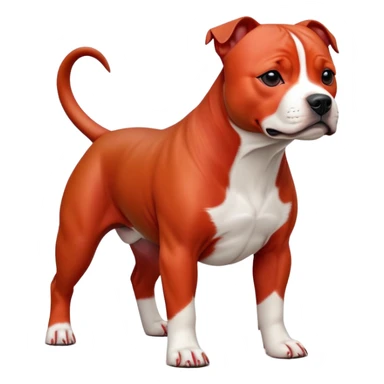 cinematic-[Staffordshire bull terrier]-realistic-full-body-standing-emoji,-tail-resting-loosely-beside-its-paws,-head-tilted-dramatically, -sleek-[red and white]-fur,-simplified-yet-realistic-focused-features,-highly-detailed,-glowing-with-an-almost-sarcastic-glow sticker