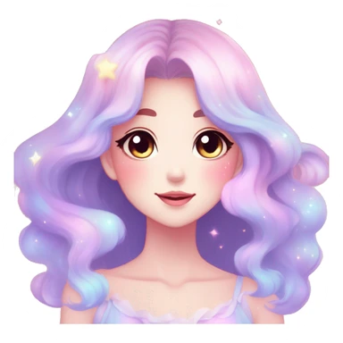 Gorgeous pastel anime style lady blushing nebula-gradient-sparkle face dreamy idol model colorful shiny stars galaxy kawaii cottagecore pearly petite simplistic aesthetic trending style sticker