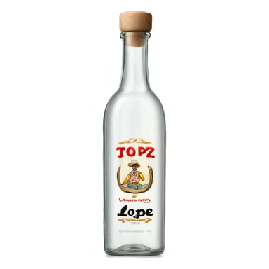 Long cylindrical tequila blanco bottle with the text "lopez" clearly written in the middle of the label and a light wood cap sticker