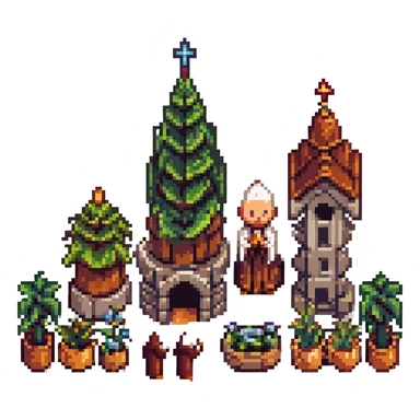 medieval monastery, pixel art style, building with towers, pixelated monks, garden, period setting sticker