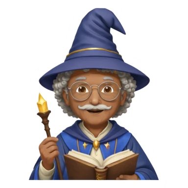 A Joyful Elderly Male with Brown skin and Curly hair, wearing a Traditional outfit, a Wizard hat, Sunglasses, carrying a Spellbook, working as a farmer, while drinking Coffee and reading a Textbook. sticker
